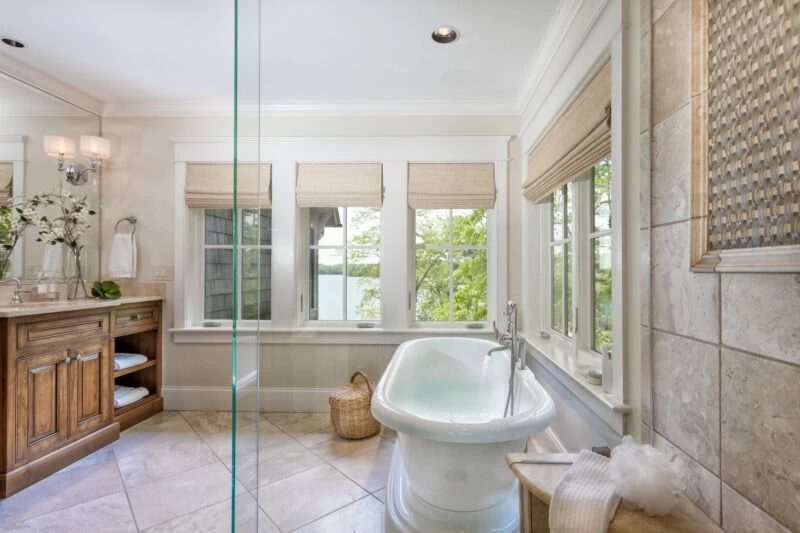 A bathroom, from the view of the shower