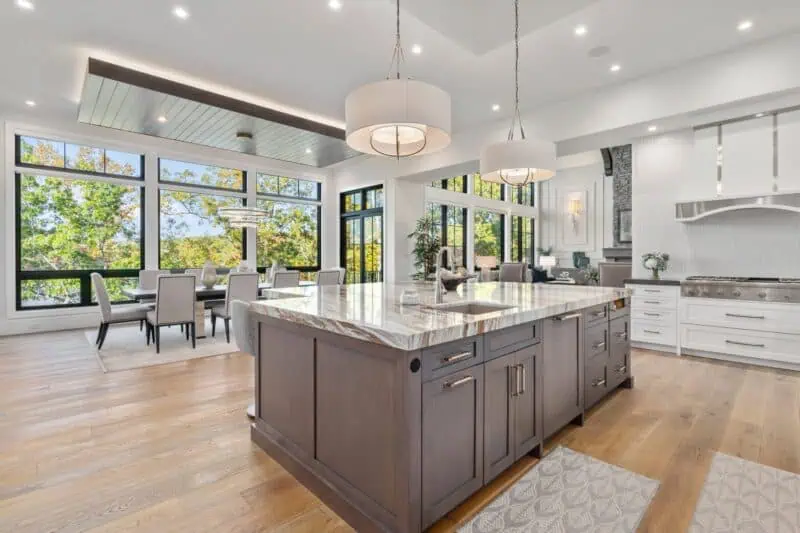 Large floor to ceiling windows in an open concept kitchen