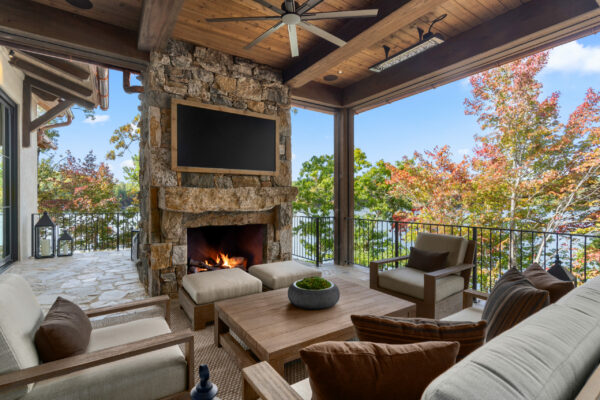 Patio with fireplace