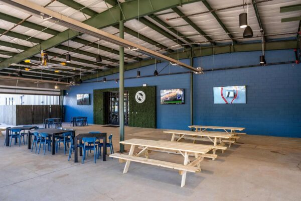 exterior of pickle yard with covered seating area