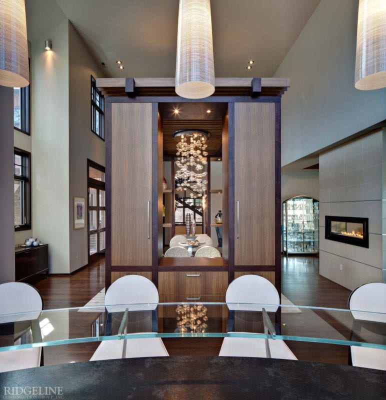 view showing glass bar top and entrance to elegant dining room