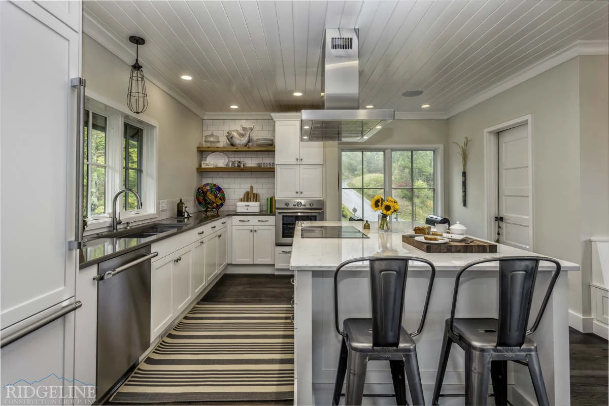 white clean kitchen with grey barstool chairs