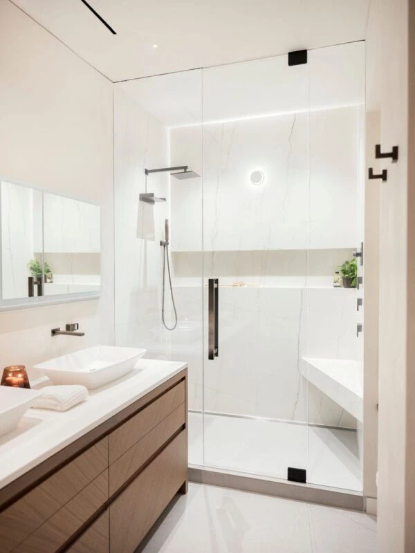 Bathroom with white oak cabinets