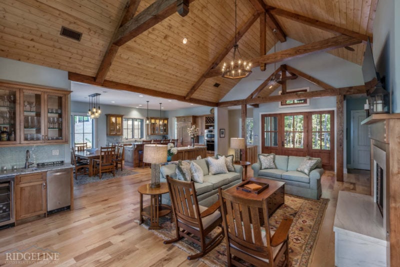 mountain home with exposed beams and open floorplan