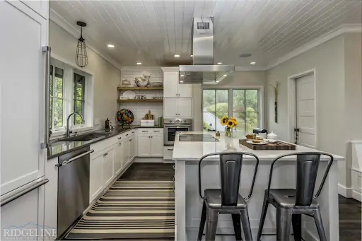 eco-friendly luxury kitchen with white cabinets and silver barstools