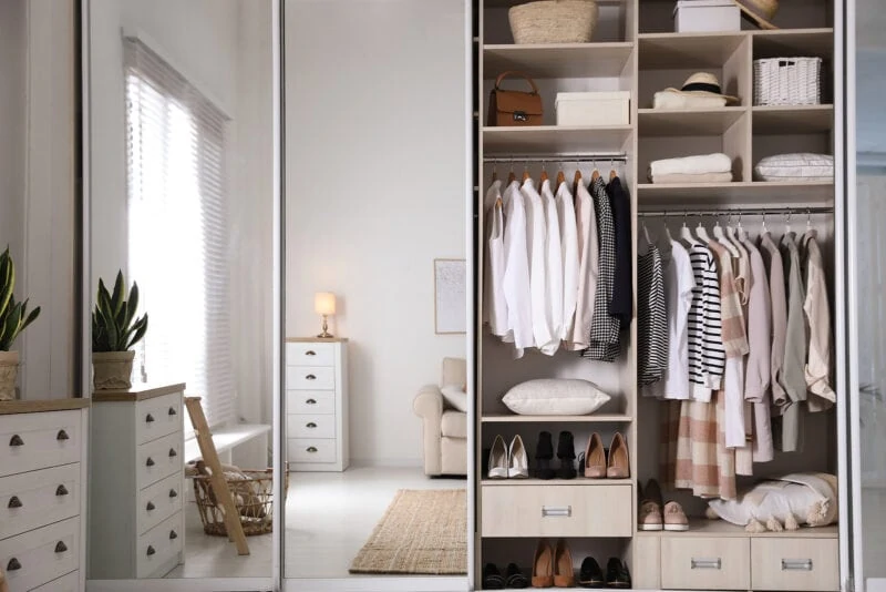 Wardrobe Closet With Different Stylish Clothes, Shoes And Home S