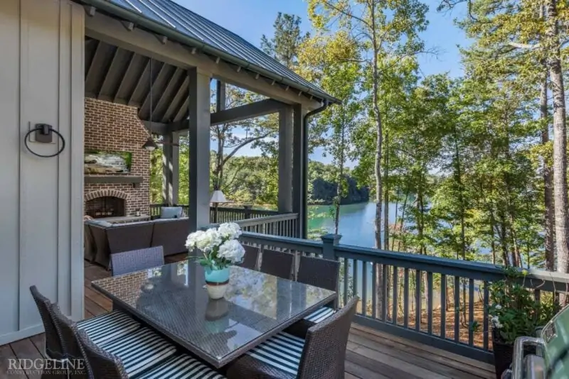 outdoor patio with table overlooking blue lake